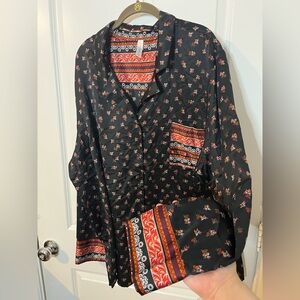 Cacique Satin Sleep Pajama Plus Size Paisley Button Up Long Sleeve Boho Top 28